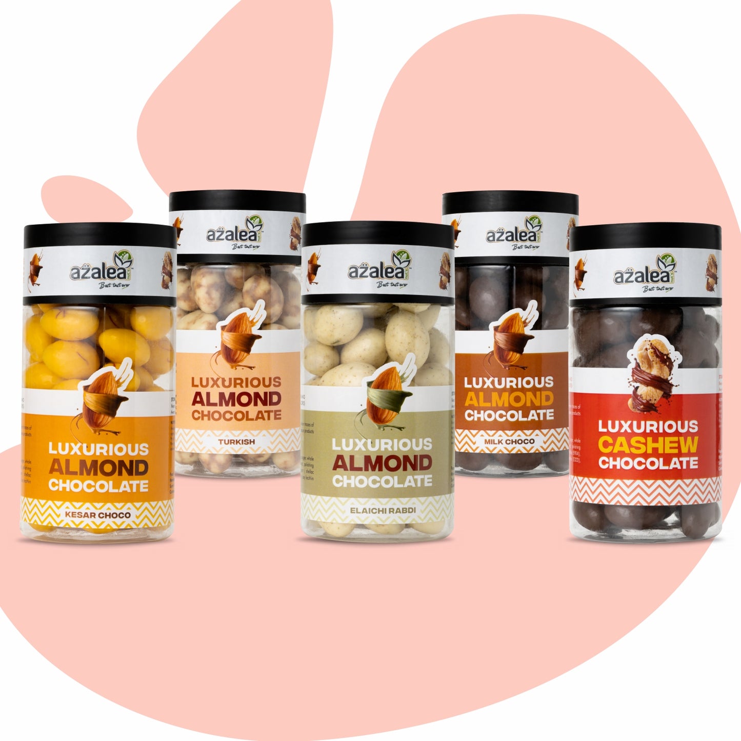 Azalea Luxurious Chocolate Collection β 5 Flavors (Kesar Almond, Turkish Almond, Elaichi Rabdi Almond, Milk Choco Almond & Cashew Chocolate)