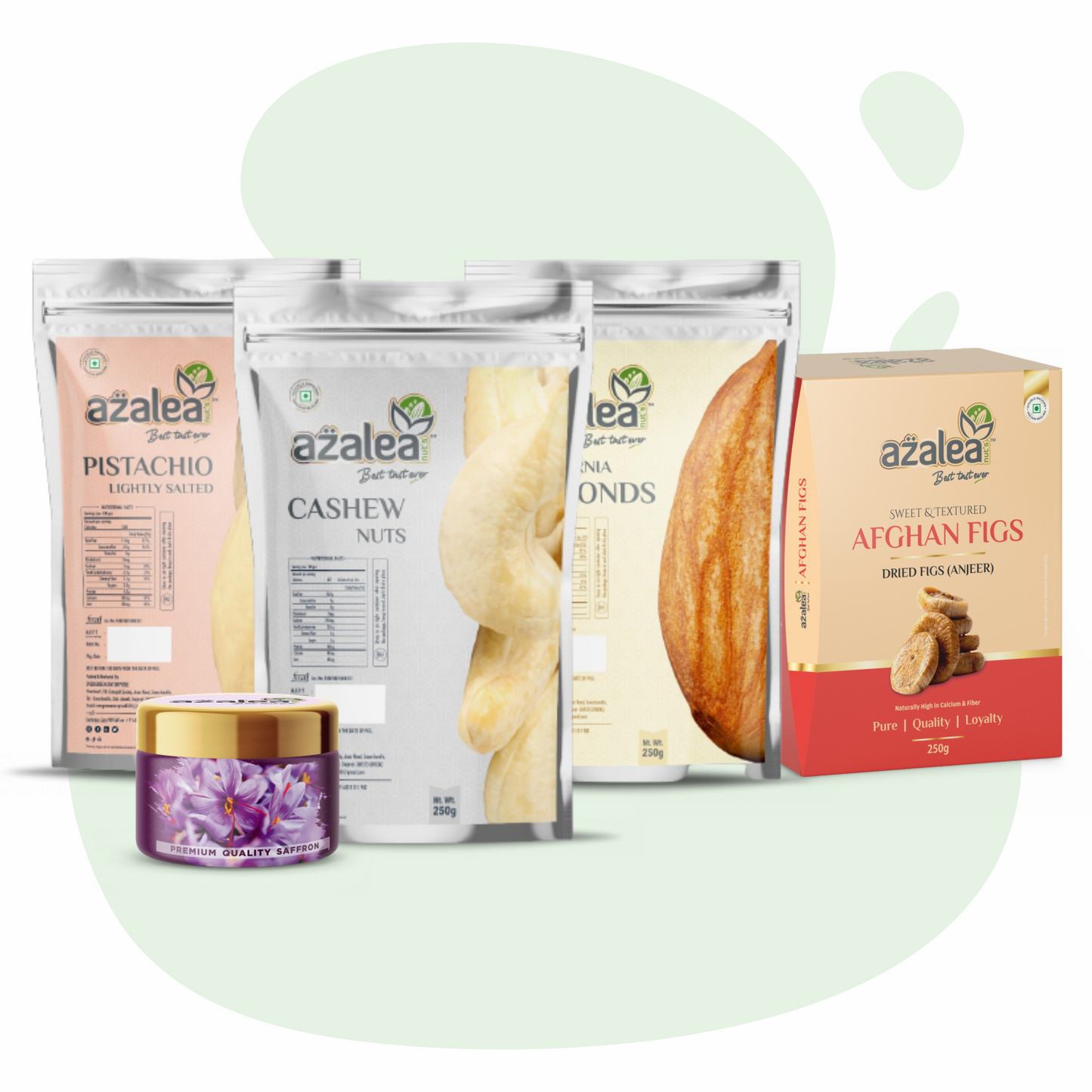 Azalea Royal Dry Fruit & Saffron Combo – Pistachio, Cashew, Almonds, Afghan Figs & Premium Saffron (250 Gm x 4 & Saffron)