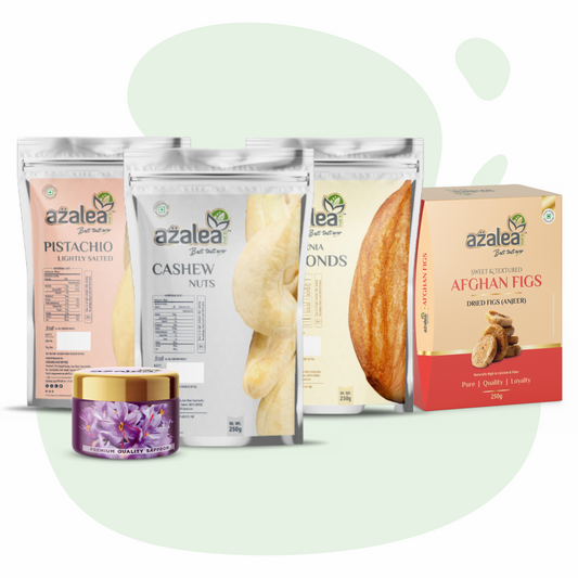 Azalea Royal Dry Fruit & Saffron Combo – Pistachio, Cashew, Almonds, Afghan Figs & Premium Saffron (250 Gm x 4 & Saffron)